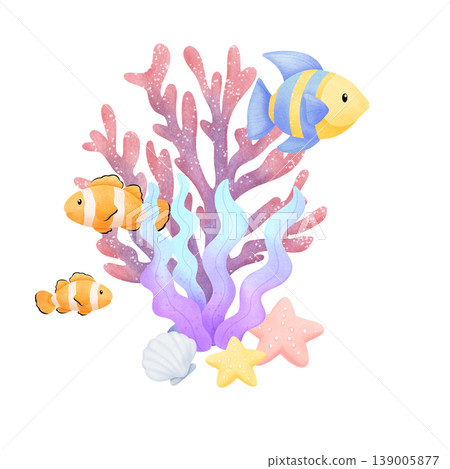cloral reef scene with fish and starfish cloral reef scene with fish and starfish 139005877