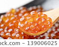 A close-up of salmon roe marinated in soy sauce, served on a spoon. The plump, glistening salmon eggs are beautiful, and it's high-quality salmon roe from Hokkaido. 139006025