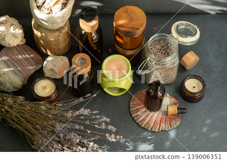 Candles Aromatherapy Products with Lavender and Seashells Candles Aromatherapy Products with Lavender and Seashells 139006351
