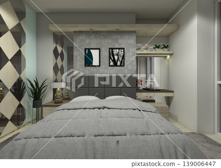 Modern Minimalist Gray Master Bedroom with Padded Headboard - 3D Rendering 139006447