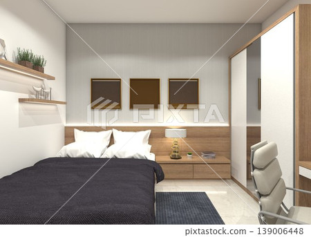 Modern Japanese Style Master Bedroom with Compact Minimalist Wood Design - 3D Rendering Modern Japanese Style Master Bedroom with Compact Minimalist Wood Design - 3D Rendering 139006448