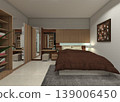 Rustic Scandinavian Master Bedroom with Compact Wood Furniture - 3D Rendering 139006450