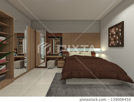 Rustic Scandinavian Master Bedroom with Compact Wood Furniture - 3D Rendering 139006450
