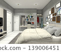 Modern Master Bedroom Interior with King Size Bed and Home Office - 3D Rendering 139006451