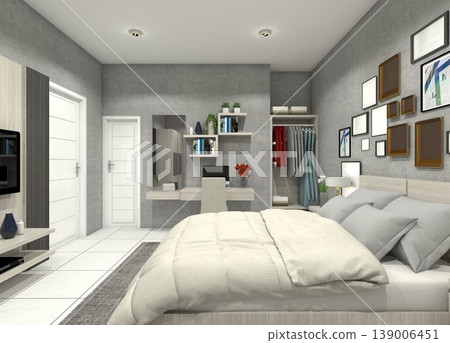 Modern Master Bedroom Interior with King Size Bed and Home Office - 3D Rendering Modern Master Bedroom Interior with King Size Bed and Home Office - 3D Rendering 139006451