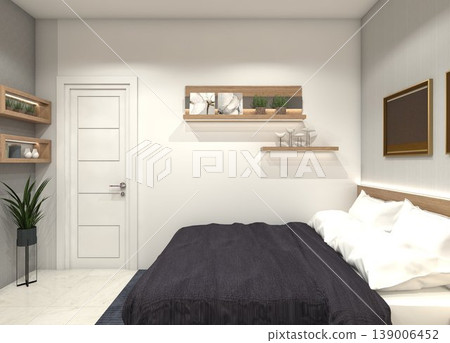 Minimalist Modern Master Bedroom with King Size Bed and Wood Accents - 3D Rendering Minimalist Modern Master Bedroom with King Size Bed and Wood Accents - 3D Rendering 139006452