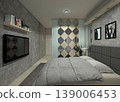 Modern Minimalist Compact Master Bedroom with King Size Bed - 3D Rendering 139006453