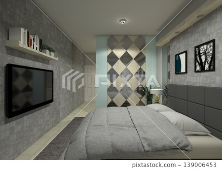 Modern Minimalist Compact Master Bedroom with King Size Bed - 3D Rendering 139006453