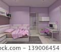 Modern minimalist girls' bedroom interior design with vibrant purple and white furniture combination. 139006454