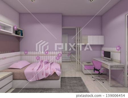 Modern minimalist girls' bedroom interior design with vibrant purple and white furniture combination. 139006454