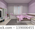 Modern minimalist girls' bedroom interior featuring white furniture with vibrant purple accents and a grey patterned wallpaper. 139006455