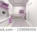 Modern minimalist girls' bedroom interior with white furniture and vibrant purple focal points.  139006456