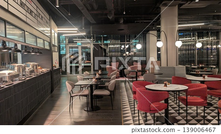 Interior view of a breakfast restaurant in a hotel in the UK 139006467