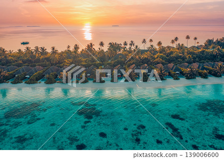 Majestic Aerial Tourism Landscape Magical Sunset Sunlight Beach Villas Palm Trees Relaxing Ocean Bay Summer Vacation Paradise 139006600