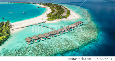 Picturesque Maldives Luxury Overwater Villas Tropical Resort Aerial Landscape Radiant Sky Ocean Beach Island Shore Paradise 139006604