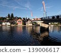 View to road bridge at Rhine River in European STEIN am RHEIN town in SWITZERLAND 139006617