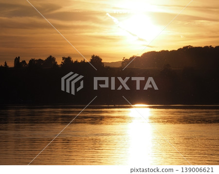 View of sun set on Rhine River near Stein am Rhein town in Switzerland 139006621