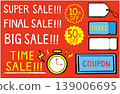 Hand-drawn promotional materials. Includes illustrations of time sales, super sales, final sales, big sales, coupons, and clocks. 139006695