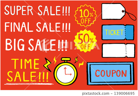 Hand-drawn promotional materials. Includes illustrations of time sales, super sales, final sales, big sales, coupons, and clocks. 139006695