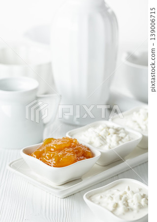 Mango jam and cottage cheese with cream. Mango jam and cottage cheese with cream. 139006715