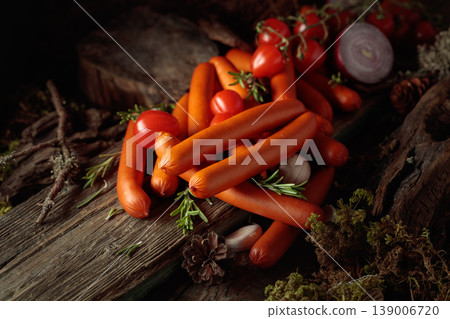 Smoked sausages with tomatoes, onion, garlic, and rosemary on an old board. Smoked sausages with tomatoes, onion, garlic, and rosemary on an old board. 139006720