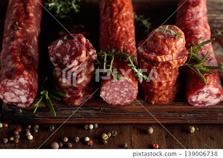 Sliced dry cured sausages with peppercorns, thyme, rosemary, and garlic. Sliced dry cured sausages with peppercorns, thyme, rosemary, and garlic. 139006738
