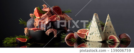 Prosciutto with blue cheese, rosemary, and fig on a black background. Prosciutto with blue cheese, rosemary, and fig on a black background. 139006759