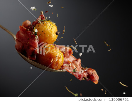 Roasted potatoes with bacon sprinkled with sea salt and spices. 139006761