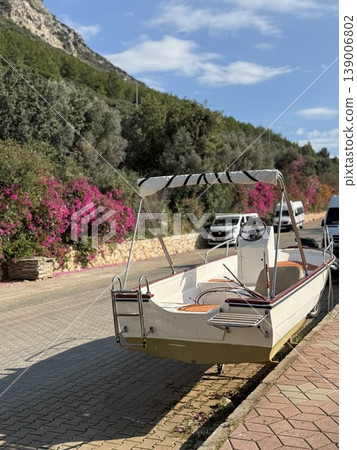 Boat on scenic street with colorful blooms and mountains in background under clear sky Boat on scenic street with colorful blooms and mountains in background under clear sky 139006802