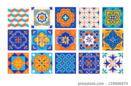Traditional Azulejo Portuguese tile patterns collection. Colorful Mediterranean ceramic set 139006874