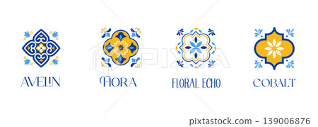 Traditional Azulejo Portuguese tile patterns collection. Ornamental Mediterranean ceramic set 139006876