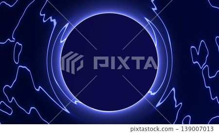 Electric blue ring with glowing liquid contours and high contrast light on a dark background. Futuristic circular frame with energetic portal aesthetics. Electric blue ring with glowing liquid contours and high contrast light on a dark background. Futuristic circular frame with energetic portal aesthetics. 139007013