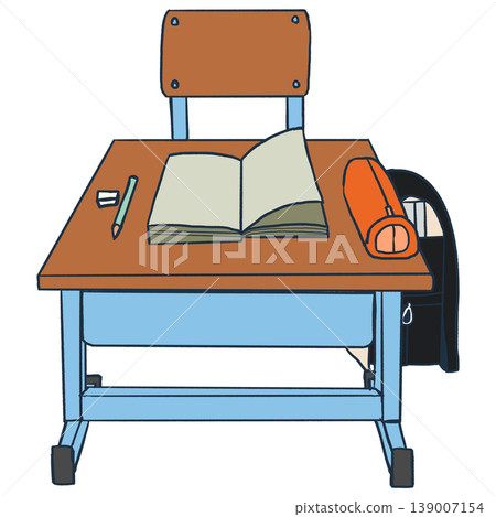 Simple and cute illustrations of school chairs, desks, stationery, and school bags. 139007154