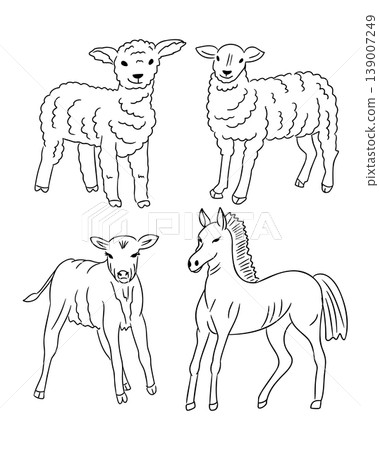 Illustration of four farm animals including sheep, cow, and horse in a simple black and white line art style suitable for educational or decorative purposes 139007249