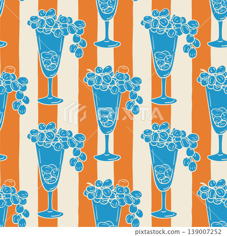 Colorful illustration of decorative cocktail glasses with fruit garnishes on a striped background featuring orange and cream colors, suitable for summer-themed designs Colorful illustration of decorative cocktail glasses with fruit garnishes on a striped background featuring orange and cream colors, suitable for summer-themed designs 139007252