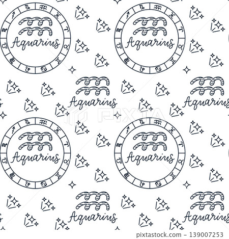 Repeating pattern of the Aquarius zodiac sign with astrological symbols and stars, featuring the word Aquarius on a clean white background Repeating pattern of the Aquarius zodiac sign with astrological symbols and stars, featuring the word Aquarius on a clean white background 139007253