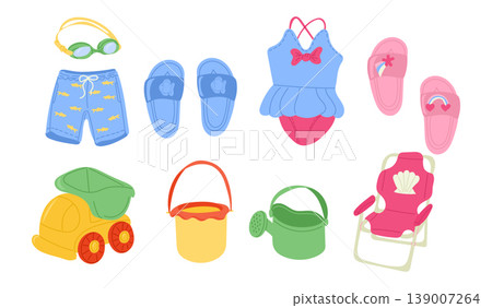 Colorful summer beach items including swimwear, flip-flops, sunglasses, beach toys, and a lounge chair arranged on a white background for seasonal design concepts 139007264