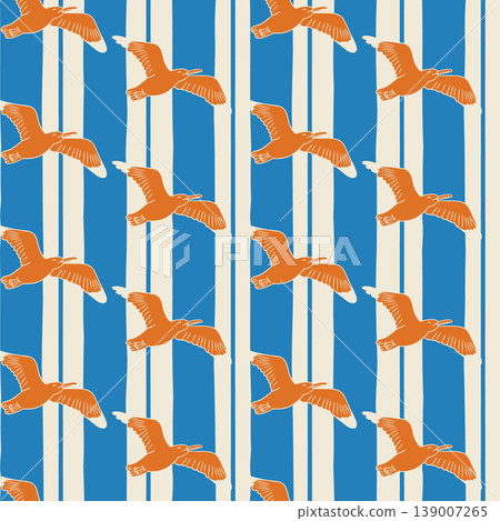 Pattern illustration featuring stylized orange birds on a blue and white striped background, ideal for textile design or wallpaper applications Pattern illustration featuring stylized orange birds on a blue and white striped background, ideal for textile design or wallpaper applications 139007265