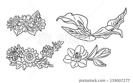 Floral illustration featuring four distinct flower designs with leaves, showcasing a variety of shapes and styles suitable for decorative purposes in art and design projects Floral illustration featuring four distinct flower designs with leaves, showcasing a variety of shapes and styles suitable for decorative purposes in art and design projects 139007277