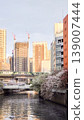 Sakurabashi Bridge over the Meguro River, the surrounding buildings, and a train. 139007444