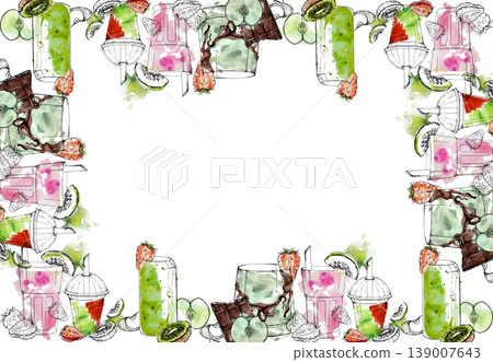 Fresh fruit detox smoothie frame with kiwi, apple and strawberry drinks hand drawn in ink, watercolor. Juice packaging, farmers market posters, fruit labels, seasonal menu borders, grocery promotions. 139007643