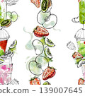 Seamless pattern of kiwi, apple fruit, strawberry smoothies, berry slices in fresh watercolor splashes, hand drawn ink line. Juice packaging, healthy snack wrappers, grocery branding, lunchbox prints 139007645