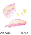 Pink watercolor petal shapes with soft yellow striped gradients, abstract floral fragments, sunshine blots. Isolated illustration hand drawn in watercolor. Abstract accents, pastel design elements. 139007646