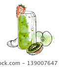 Fresh kiwi and apple smoothie in slim can glass, strawberry wedge garnish hand drawn in watercolor splash, ink line. Healthy lifestyle blogs, detox drink visuals, grocery promotions, wellness posters 139007647