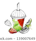 Strawberry kiwi smoothie in takeaway plastic dome cup, hand drawn ink silhouette, abstract watercolor fill. Fast-food menus, takeaway branding, youth marketing, drink packaging, promotional posters. 139007649
