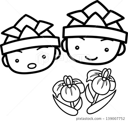 Children's Day (Tango no Sekku): A line drawing of two boys wearing origami helmets and irises. 139007752