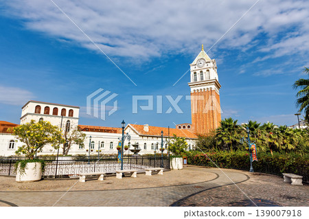Phu Quoc, Vietnam - January 3 2026: Mediterranean clock tower square in Sunset Town Phu Quoc Phu Quoc, Vietnam - January 3 2026: Mediterranean clock tower square in Sunset Town Phu Quoc 139007918
