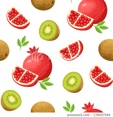 Healthy Organic Food Pattern with Red Pomegranate and Kiwi Fruit Healthy Organic Food Pattern with Red Pomegranate and Kiwi Fruit 139007948