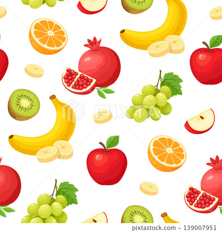 Healthy Organic Food Pattern with Orange, Apple, Banana and Grape 139007951