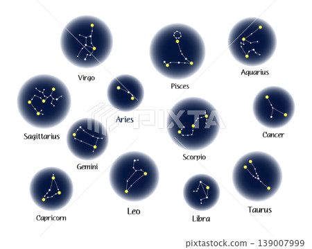 十二星座圖示集：12個星座 - 夜空星座插圖 139007999